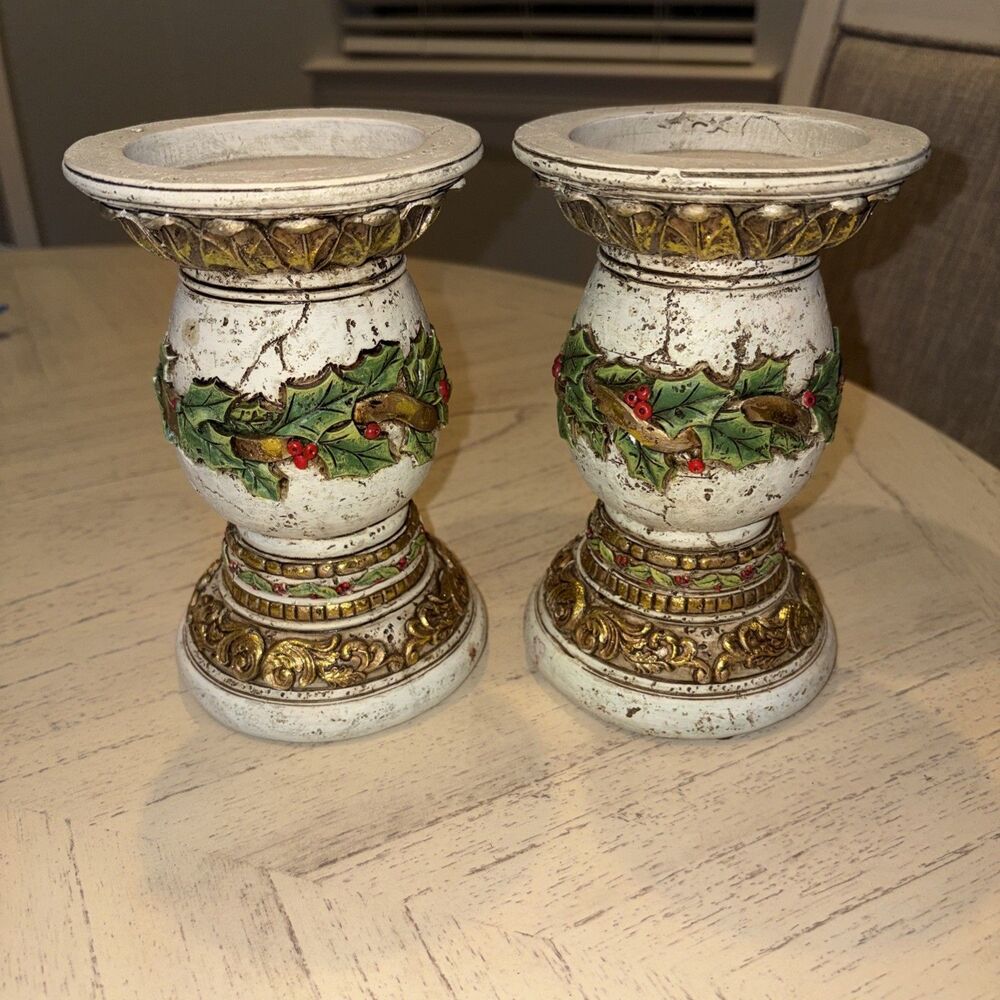 Set Of 2 - Christmas CANDLE holders 7” Tall w/ Decorative Holly & Gold Trim 2009